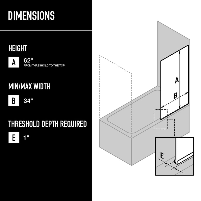 Zenith 34 in. W x 62 in. H Frameless Fixed Tub Screen in Chrome with 3/8 in. (10mm) Clear Glass and Satro 3-Piece Bath Hardware Set