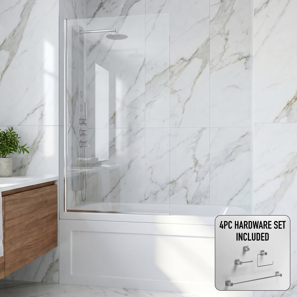 Zenith 34 in. W x 62 in. H Frameless Fixed Tub Screen in Chrome with 3/8 in. (10mm) Clear Glass and Meridian 4-Piece Bath Hardware Set