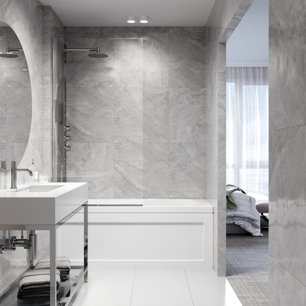 Zenith 34 in. W x 62 in. H Frameless Fixed Tub Screen in Chrome with 3/8 in. (10mm) Clear Glass and Meridian 4-Piece Bath Hardware Set
