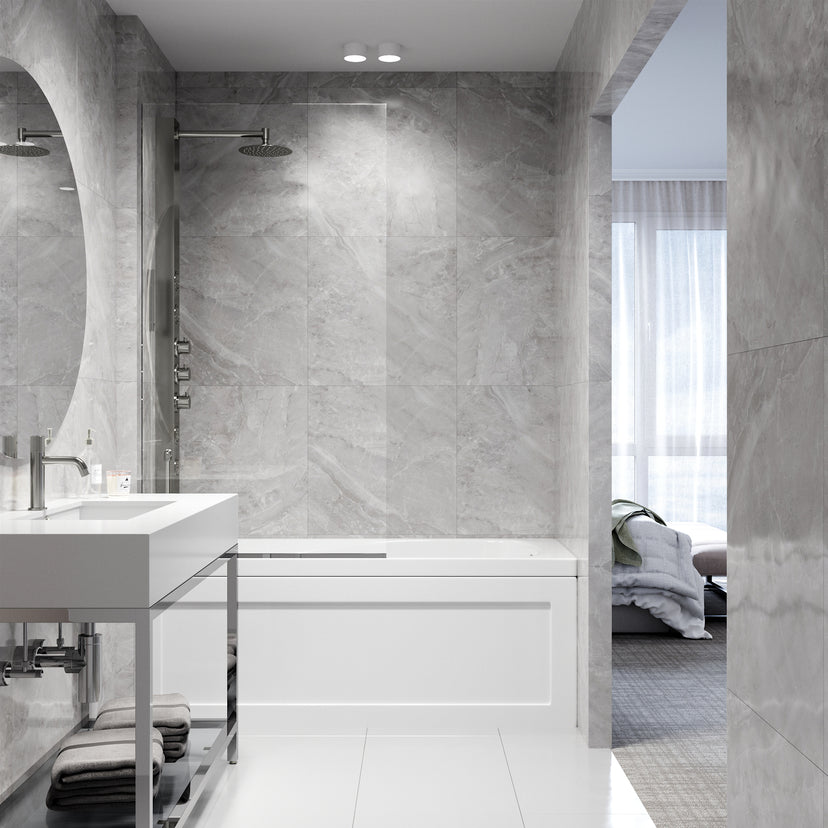 Zenith 34 in. W x 62 in. H Frameless Fixed Tub Screen in Chrome with 3/8 in. (10mm) Clear Glass and Meridian 4-Piece Bath Hardware Set