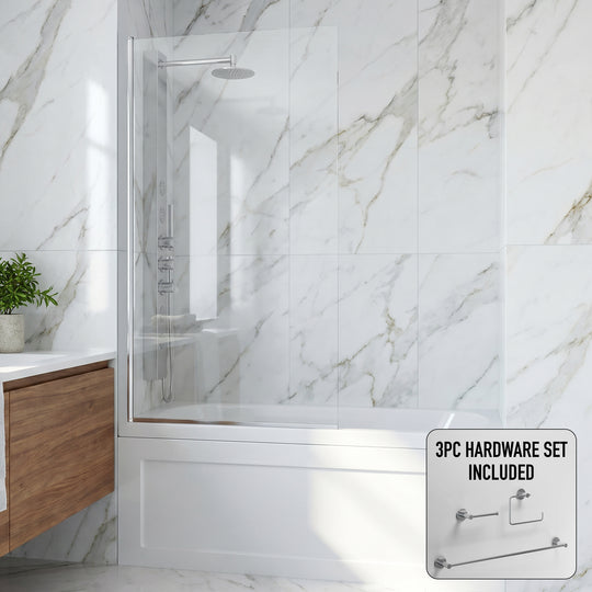 Zenith 34 in. W x 62 in. H Frameless Fixed Tub Screen in Chrome with 3/8 in. (10mm) Clear Glass and Cass 3-Piece Bath Hardware Set