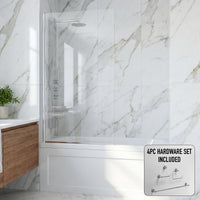 Zenith 34 in. W x 62 in. H Frameless Fixed Tub Screen in Chrome with 3/8 in. (10mm) Clear Glass and Cass 4-Piece Bath Hardware Set
