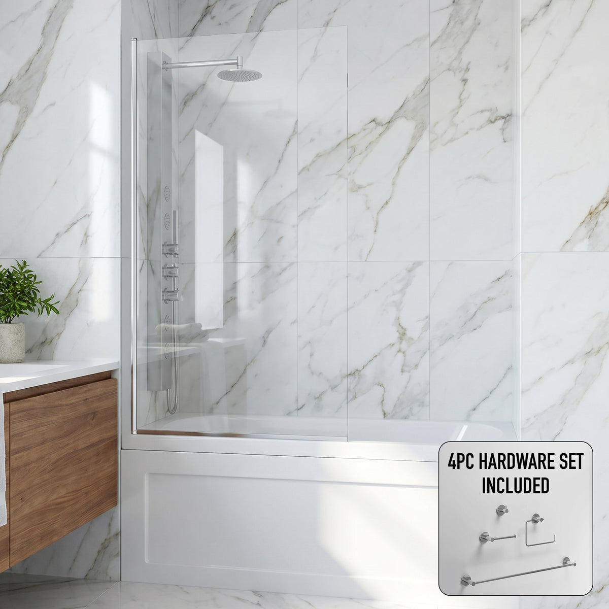 Zenith 34 in. W x 62 in. H Frameless Fixed Tub Screen in Chrome with 3/8 in. (10mm) Clear Glass and Cass 4-Piece Bath Hardware Set