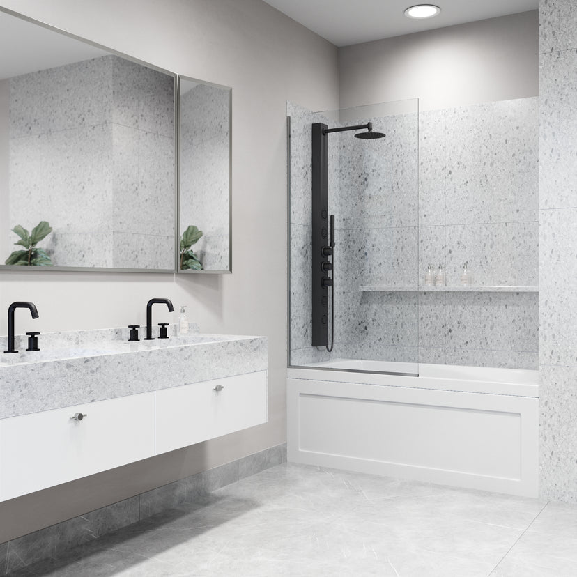 Zenith 34 in. W x 62 in. H Frameless Fixed Tub Screen in Chrome with 3/8 in. (10mm) Clear Glass and Cass 4-Piece Bath Hardware Set