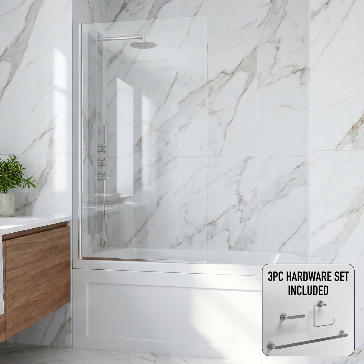 Zenith 34 in. W x 62 in. H Frameless Fixed Tub Screen in Chrome with 3/8 in. (10mm) Clear Glass and Arden 3-Piece Bath Hardware Set