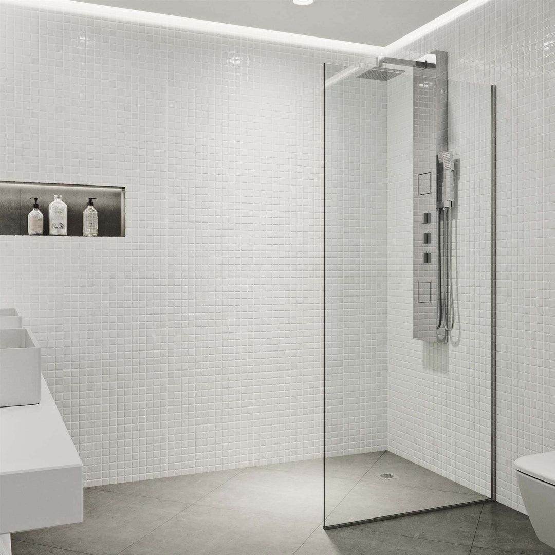 Frameless chrome shower screen with clear tempered glass, reversible door installation
