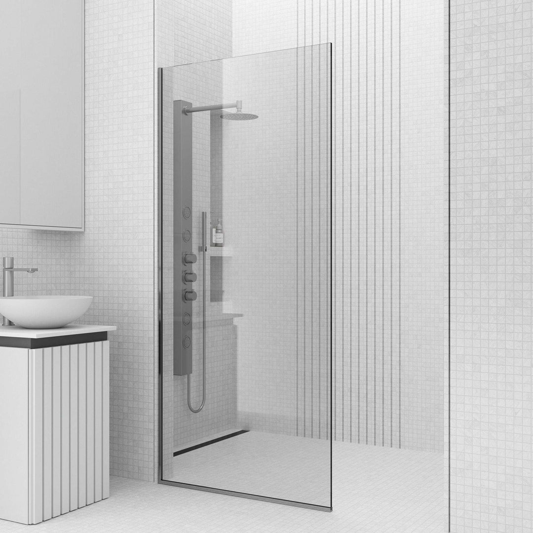 Fixed installation shower screen with chrome frame, clear tempered glass, and 74-inch height