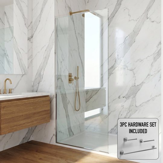 Zenith 34 in. W x 74 in. H Frameless Fixed Shower Screen Door and Satro 3-Piece Bath Hardware Set in Chrome