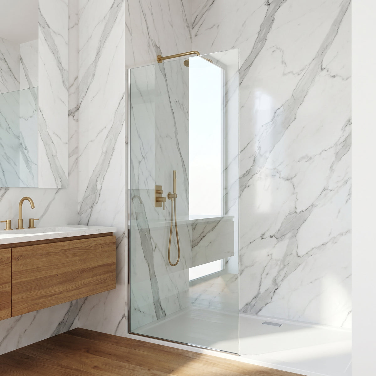 Zenith 34 in. W x 74 in. H Frameless Fixed Shower Screen Door and Satro 3-Piece Bath Hardware Set in Chrome