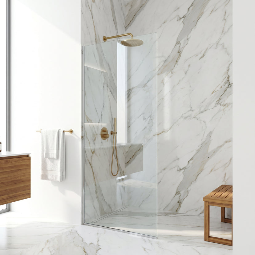 Zenith 34 in. W x 74 in. H Frameless Fixed Shower Screen Door and Satro 3-Piece Bath Hardware Set in Chrome