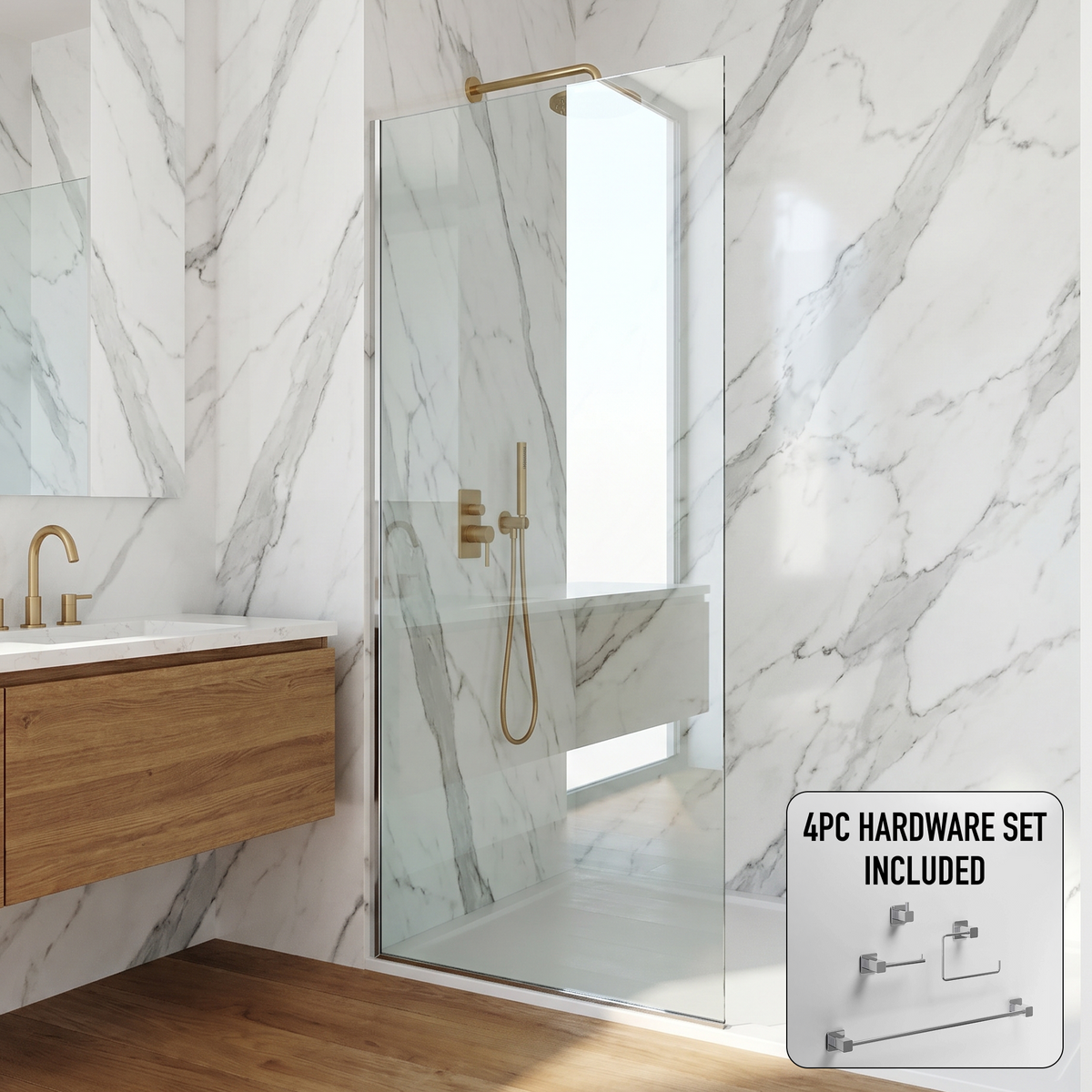 Zenith 34 in. W x 74 in. H Frameless Fixed Shower Screen Door and Meridian 4-Piece Bath Hardware Set in Chrome