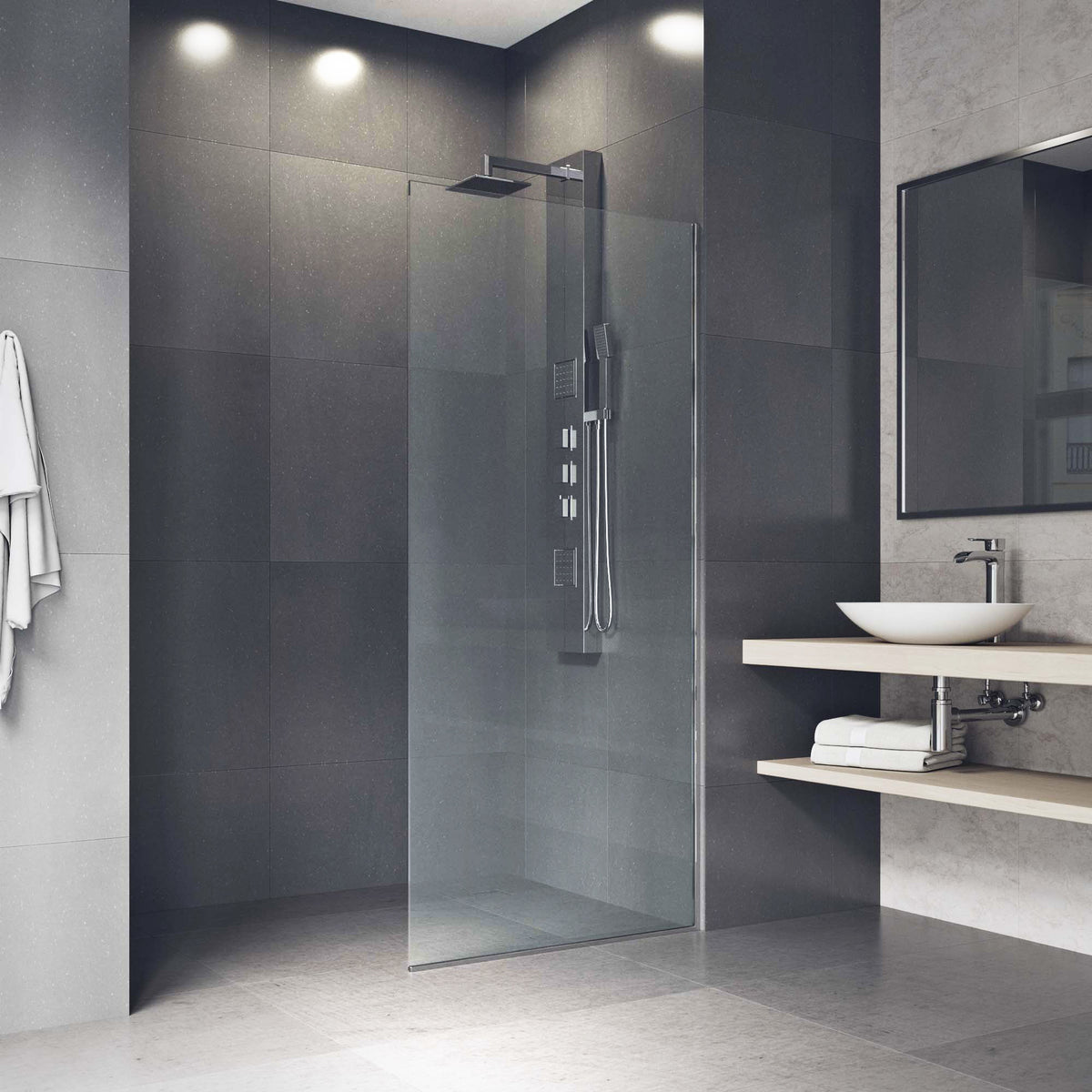 Zenith 34 in. W x 74 in. H Frameless Fixed Shower Screen Door and Meridian 4-Piece Bath Hardware Set in Chrome