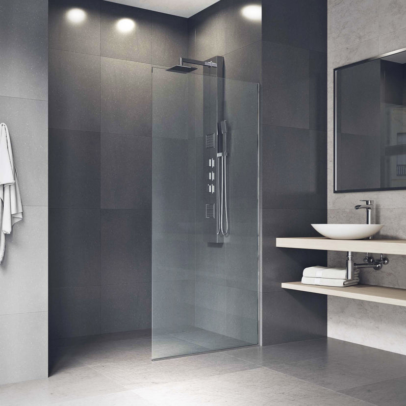 Zenith 34 in. W x 74 in. H Frameless Fixed Shower Screen Door and Meridian 4-Piece Bath Hardware Set in Chrome