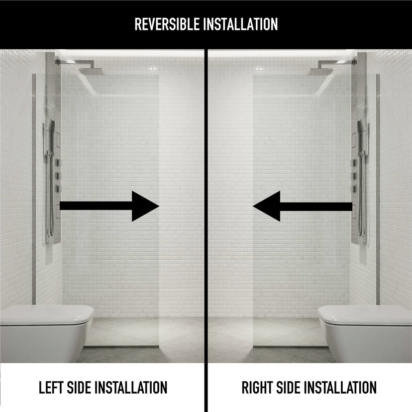 Zenith 34 in. W x 74 in. H Frameless Fixed Shower Screen Door and Meridian 4-Piece Bath Hardware Set in Chrome