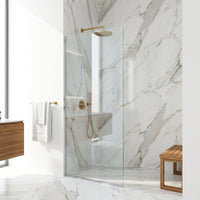Zenith 34 in. W x 74 in. H Frameless Fixed Shower Screen Door and Meridian 4-Piece Bath Hardware Set in Chrome
