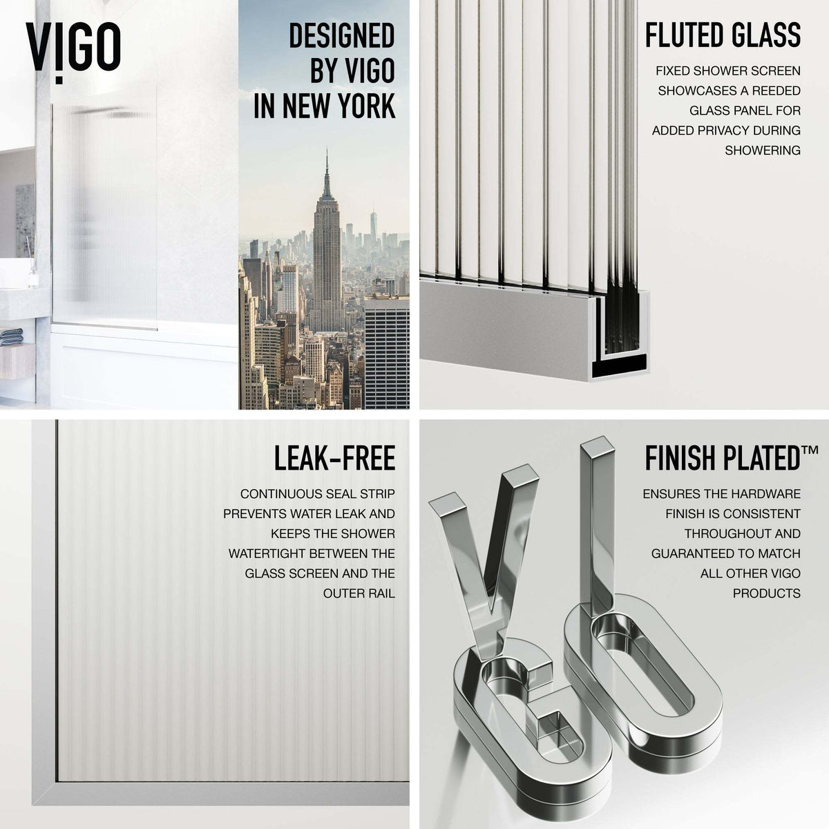VIGO Meridian Zenith 34 x 62 in. Semi-Framed Fixed Tub Screen with Clear/Fluted Tempered Glass
