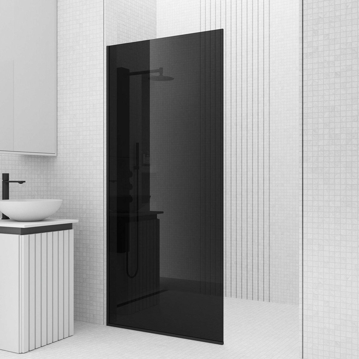 Modern matte black shower screen featuring black tint tempered glass and reversible door installation