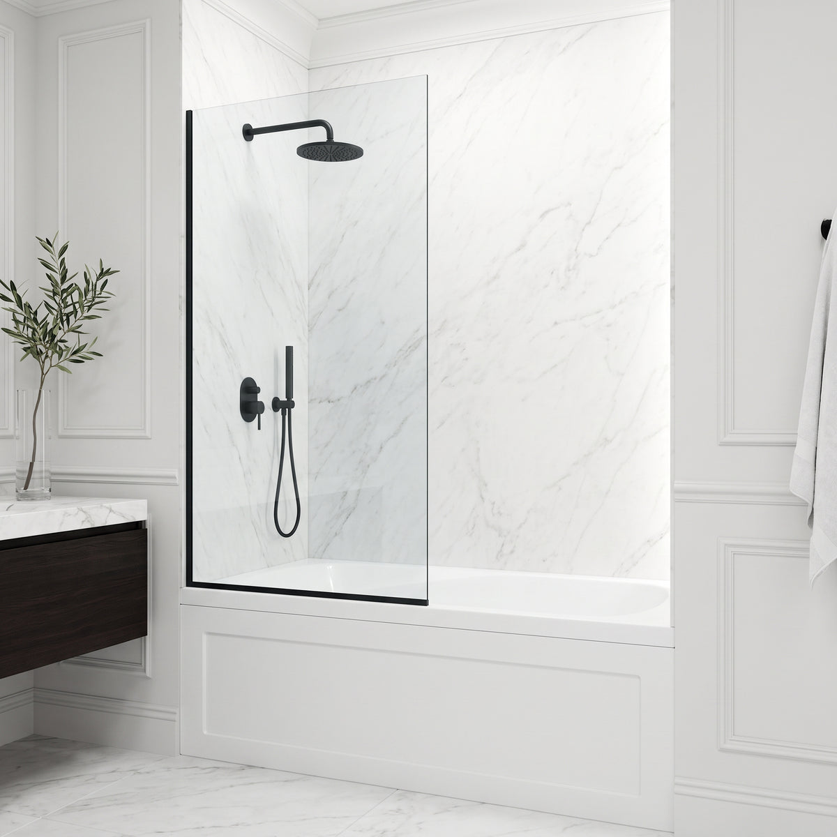 VIGO Meridian Zenith 34 x 62 in. Semi-Framed Fixed Tub Screen with Clear/Fluted Tempered Glass