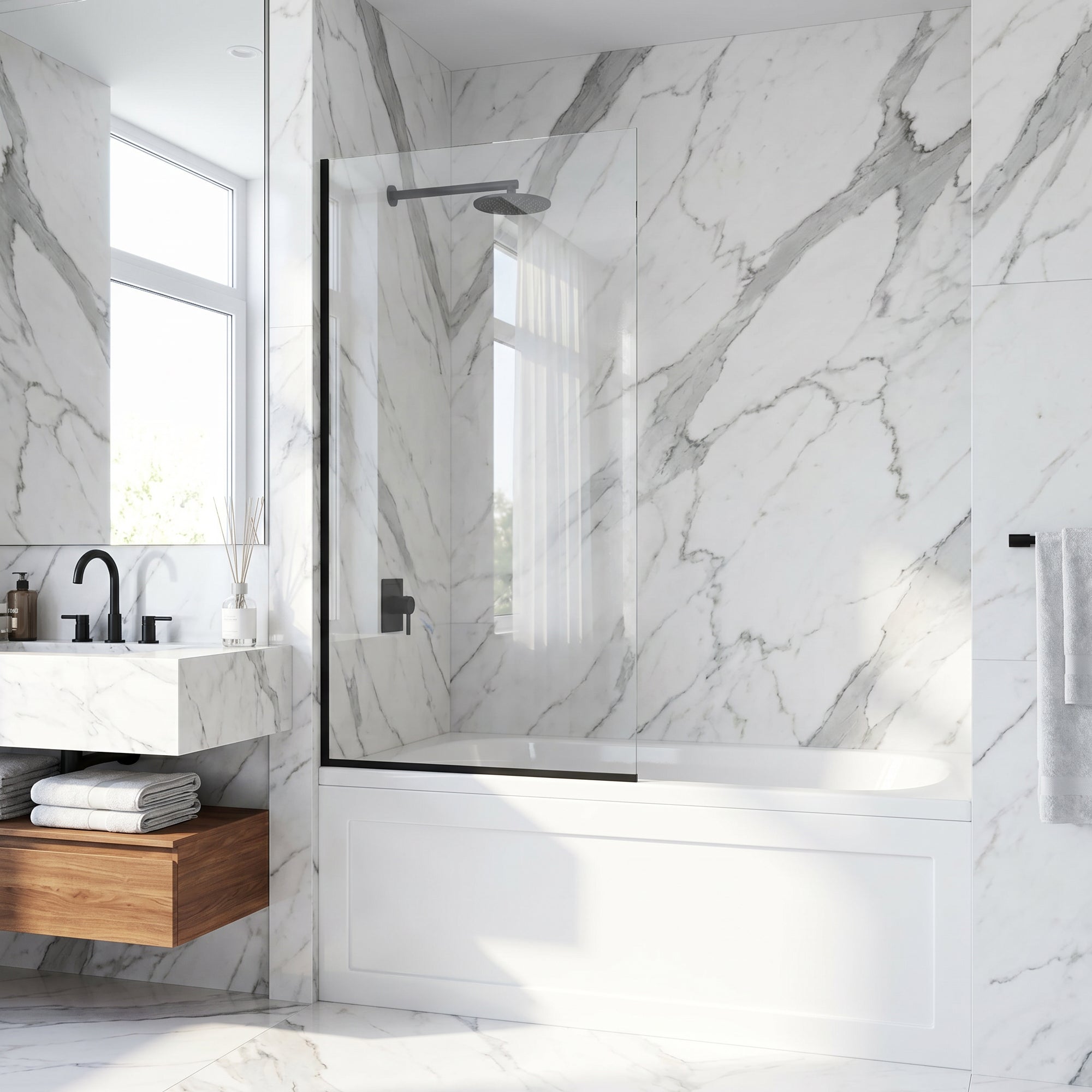 ハレクラニ Zenith – 34 in. W X 62 in. H Frameless Fixed Bathtub Screen with 3