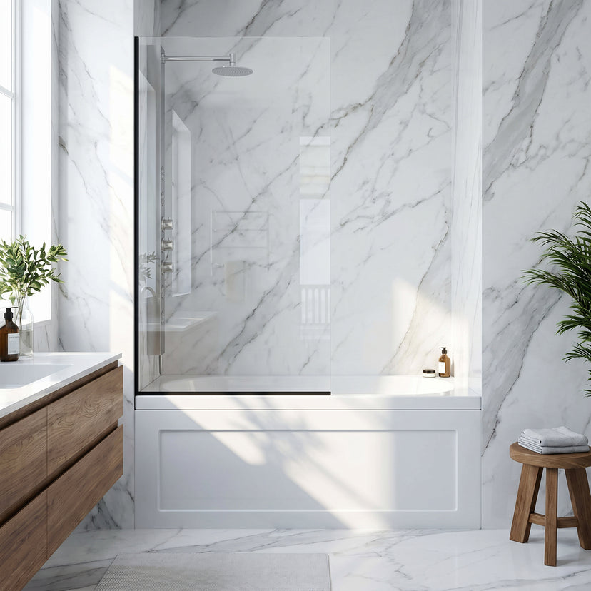 VIGO Meridian Zenith 34 x 62 in. Semi-Framed Fixed Tub Screen with Clear/Fluted Tempered Glass