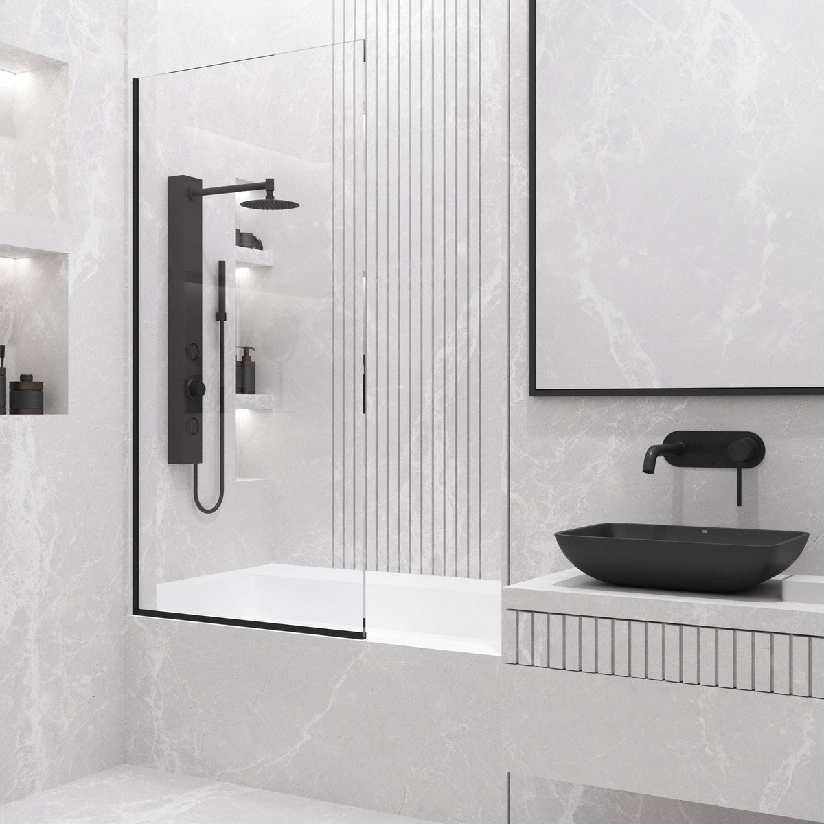 VIGO Meridian Zenith 34 x 62 in. Semi-Framed Fixed Tub Screen with Clear/Fluted Tempered Glass