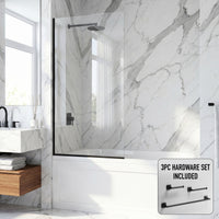 Zenith 34 in. W x 62 in. H Frameless Fixed Tub Screen in Matte Black with 3/8 in. (10mm) Clear Glass and Satro 3-Piece Bath Hardware Set