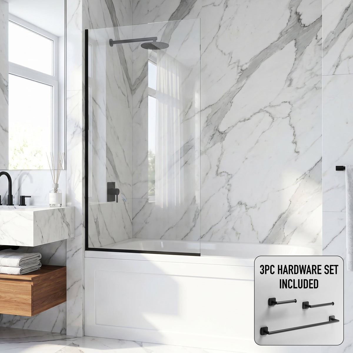 Zenith 34 in. W x 62 in. H Frameless Fixed Tub Screen in Matte Black with 3/8 in. (10mm) Clear Glass and Satro 3-Piece Bath Hardware Set