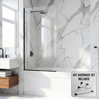 Zenith 34 in. W x 62 in. H Frameless Fixed Tub Screen Door and Meridian 4-Piece Bath Hardware Set in Matte Black