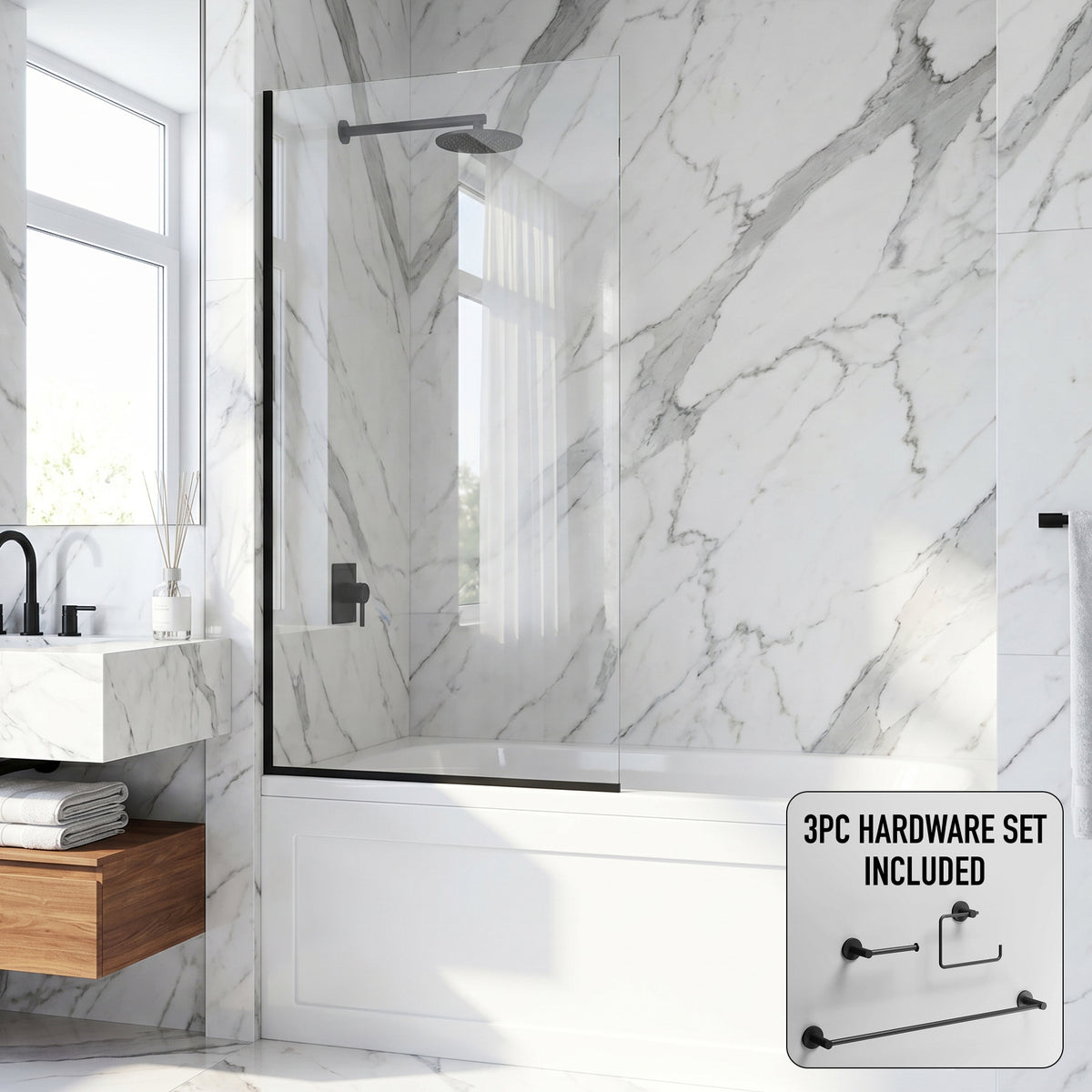 Zenith 34 in. W x 62 in. H Frameless Fixed Tub Screen in Matte Black with 3/8 in. (10mm) Clear Glass and Cass 3-Piece Bath Hardware Set