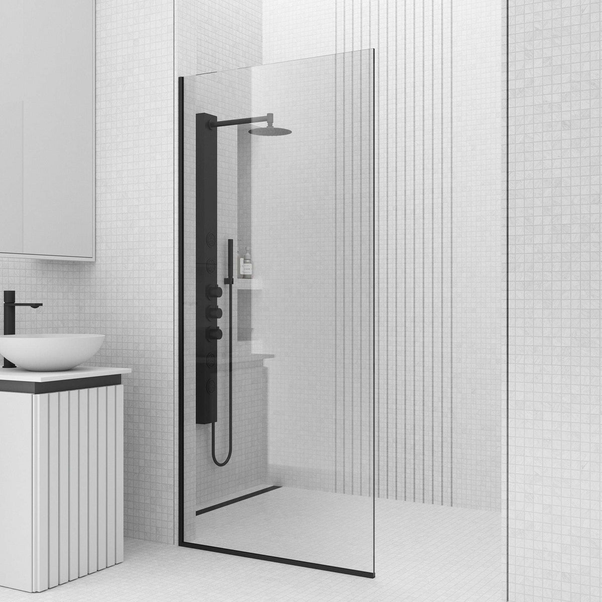 Fixed installation shower screen with matte black frame, clear tempered glass, and 74-inch height