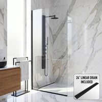 Zenith 34 in. W x 74 in. H Frameless Fixed Shower Screen Door and Elan 24 in. Linear Shower Drain in Matte Black