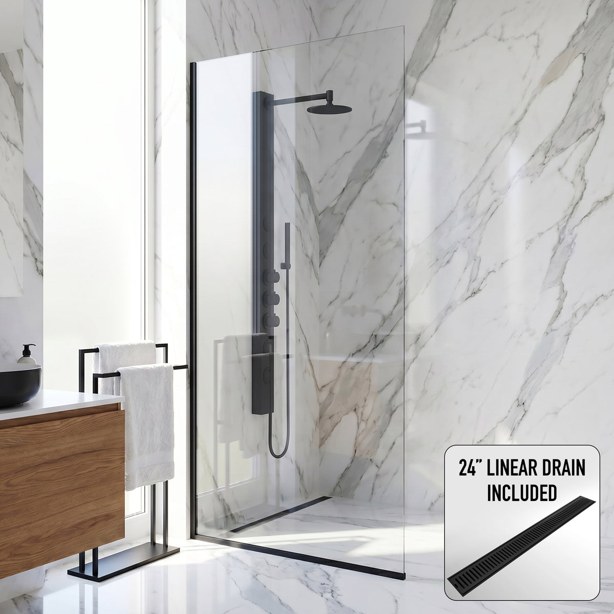 Zenith 34 in. W x 74 in. H Frameless Fixed Shower Screen Door and Elan 24 in. Linear Shower Drain in Matte Black