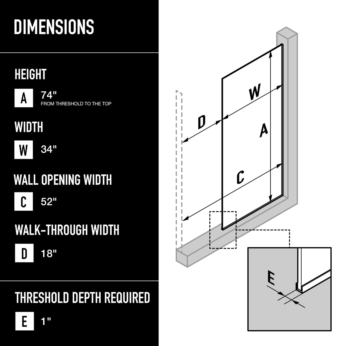 Zenith 34 in. W x 74 in. H Frameless Fixed Shower Screen Door and Elan 24 in. Linear Shower Drain in Matte Black