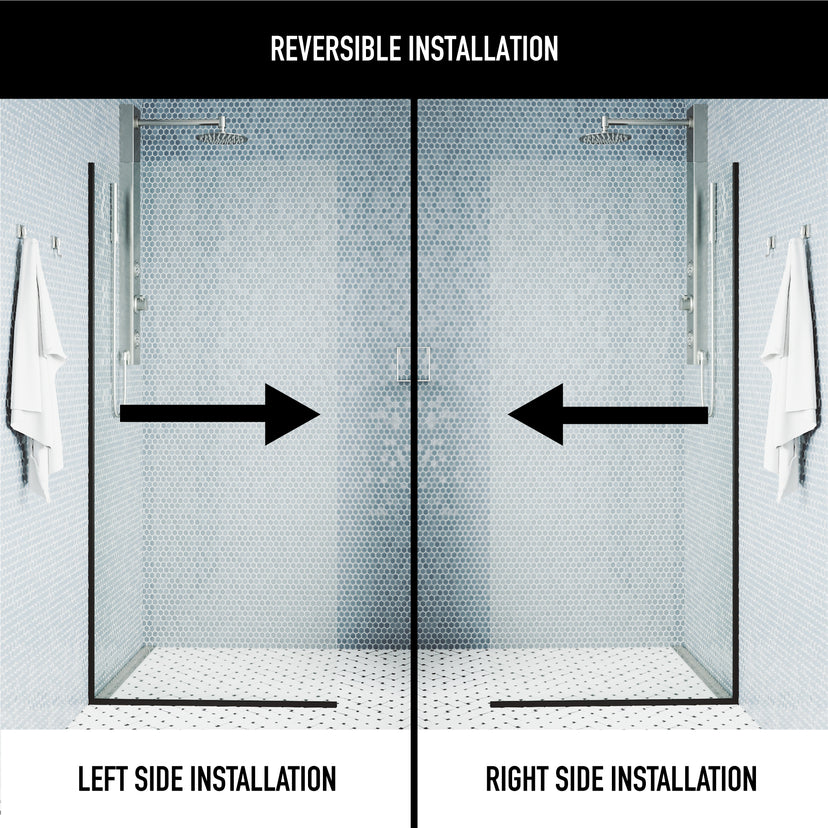 Zenith 34 in. W x 74 in. H Frameless Fixed Shower Screen Door and Elan 24 in. Linear Shower Drain in Matte Black