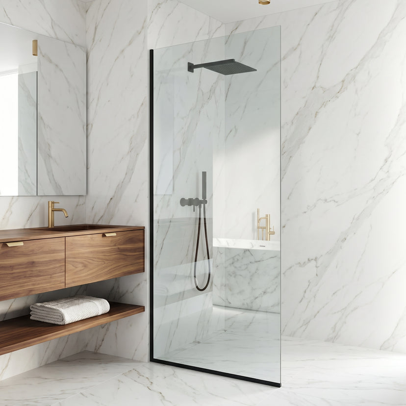 Zenith 34 in. W x 74 in. H Frameless Fixed Shower Screen Door and Elan 24 in. Linear Shower Drain in Matte Black