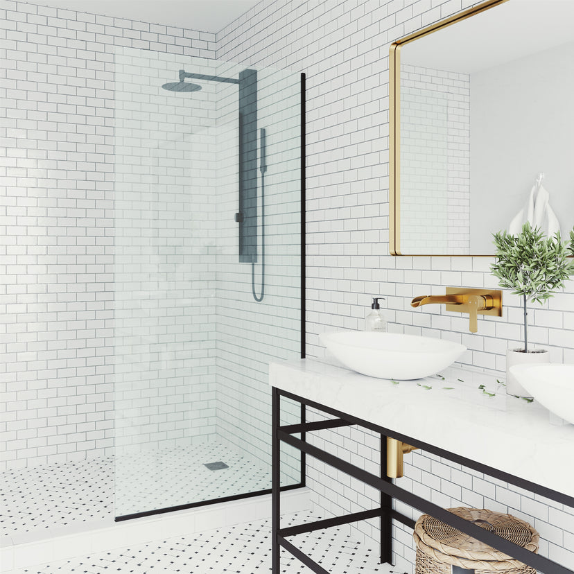Zenith 34 in. W x 74 in. H Frameless Fixed Shower Screen Door and Elan 24 in. Linear Shower Drain in Matte Black