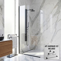 Zenith 34 in. W x 74 in. H Frameless Fixed Shower Screen Door and Meridian 4-Piece Bath Hardware Set in Matte Black