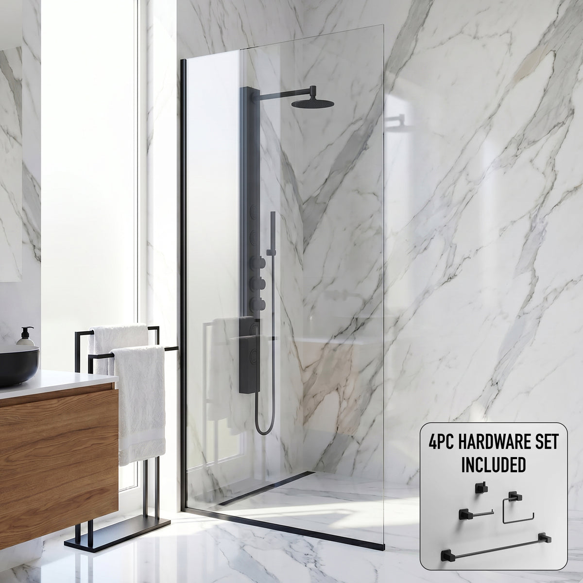 Zenith 34 in. W x 74 in. H Frameless Fixed Shower Screen Door and Meridian 4-Piece Bath Hardware Set in Matte Black