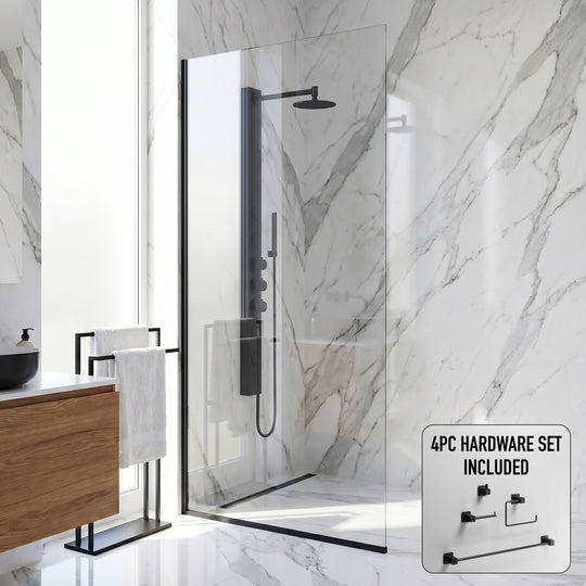 Zenith 34 in. W x 74 in. H Frameless Fixed Shower Screen Door and Meridian 4-Piece Bath Hardware Set in Matte Black