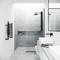 Zenith 34 in. W x 74 in. H Frameless Fixed Shower Screen Door and Meridian 4-Piece Bath Hardware Set in Matte Black