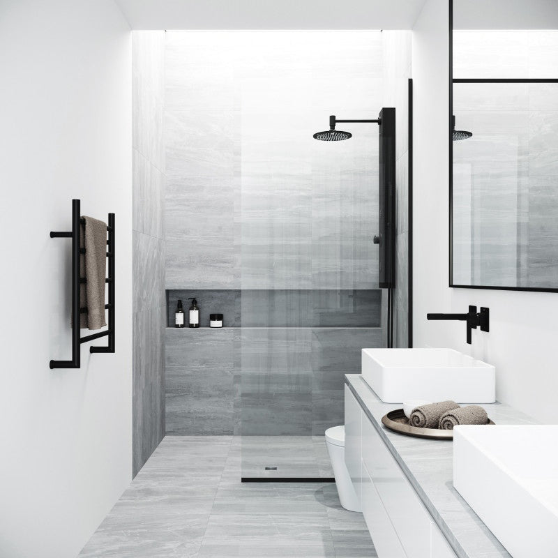 Zenith 34 in. W x 74 in. H Frameless Fixed Shower Screen Door and Meridian 4-Piece Bath Hardware Set in Matte Black