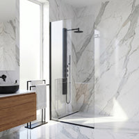 Zenith 34 in. W x 74 in. H Frameless Fixed Shower Screen Door and Meridian 4-Piece Bath Hardware Set in Matte Black