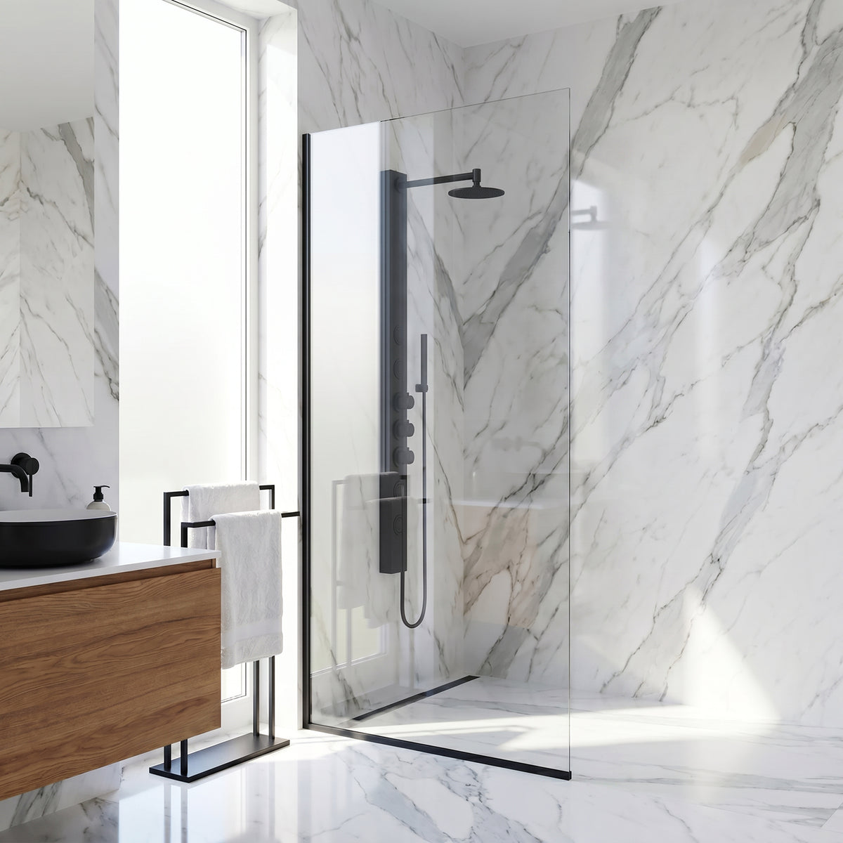 Zenith 34 in. W x 74 in. H Frameless Fixed Shower Screen Door and Meridian 4-Piece Bath Hardware Set in Matte Black