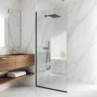 Zenith 34 in. W x 74 in. H Frameless Fixed Shower Screen Door and Meridian 4-Piece Bath Hardware Set in Matte Black