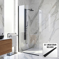 Zenith 34 in. W x 74 in. H Frameless Fixed Shower Screen in Matte Black with 3/8 in. (10mm) Clear Glass and Elan 36 in. Linear Shower Drain