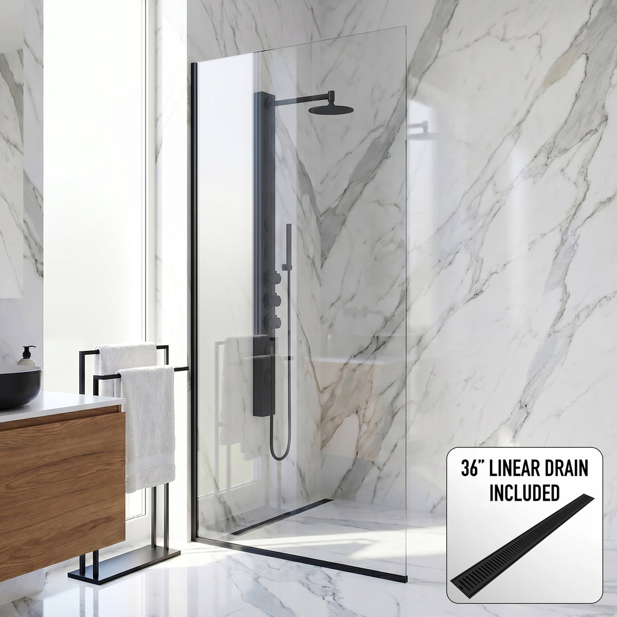 Zenith 34 in. W x 74 in. H Frameless Fixed Shower Screen in Matte Black with 3/8 in. (10mm) Clear Glass and Elan 36 in. Linear Shower Drain
