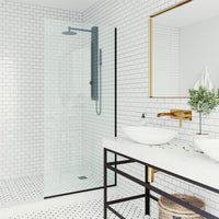 Zenith 34 in. W x 74 in. H Frameless Fixed Shower Screen in Matte Black with 3/8 in. (10mm) Clear Glass and Elan 36 in. Linear Shower Drain