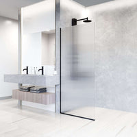 Modern matte black shower screen with fluted glass and stainless steel hardware