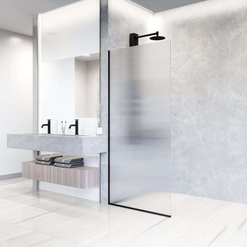 Modern matte black shower screen with fluted glass and stainless steel hardware