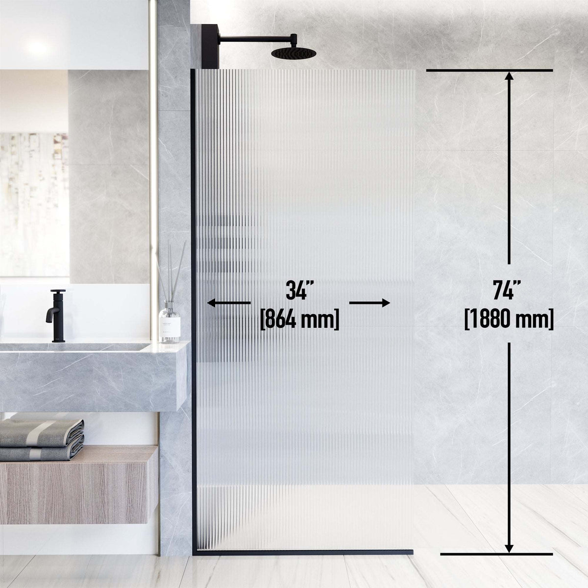 Matte black finish fixed shower screen with fluted tempered glass and included mounting kit